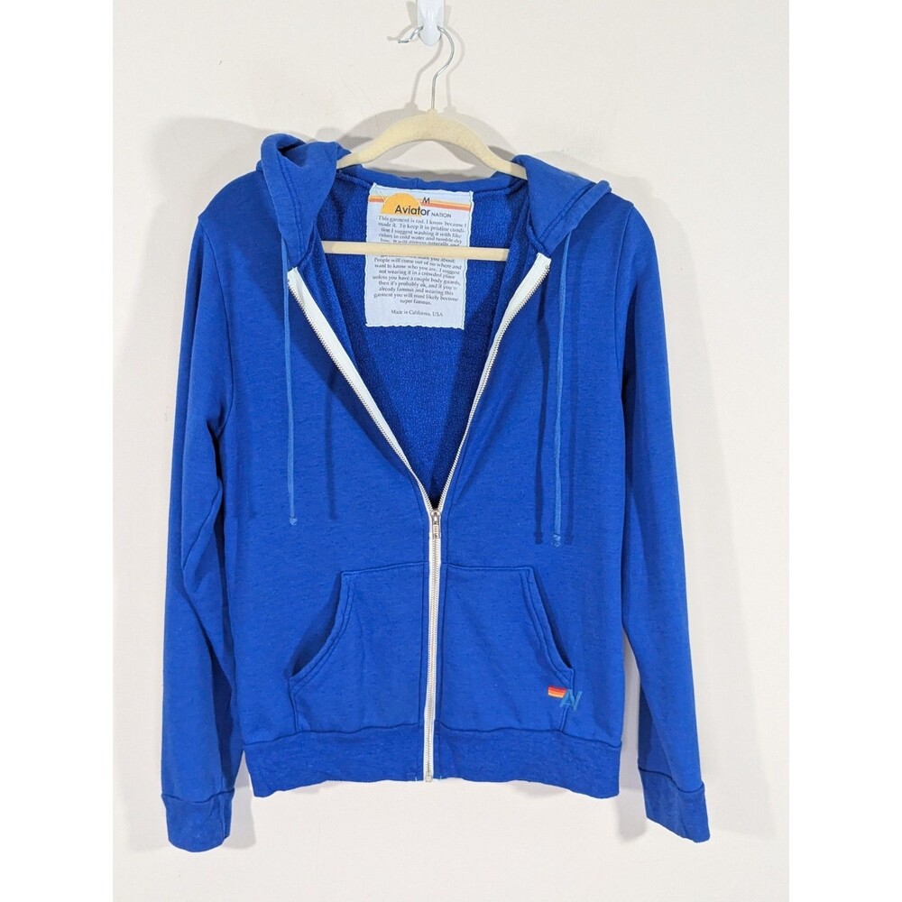 Aviator Nation Men’s M Blue Full Zip Hoodie Distressed California Spellout